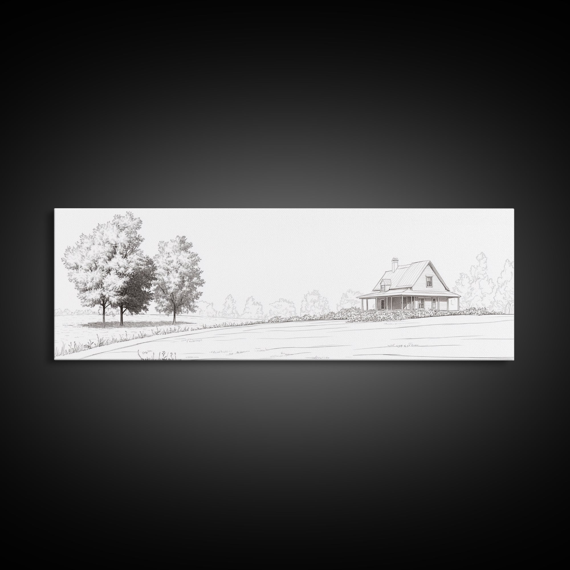 Rustic Farmhouse Framed Canvas Print, Black and White Landscape Art, Above Sofa Wall Art Minimalist Living Room Country Decor