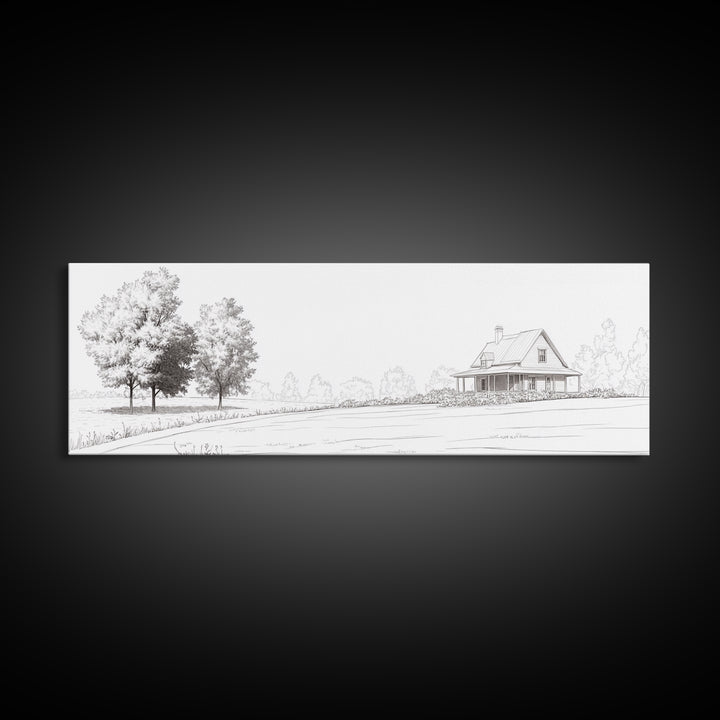 Rustic Farmhouse Framed Canvas Print, Black and White Landscape Art, Above Sofa Wall Art Minimalist Living Room Country Decor