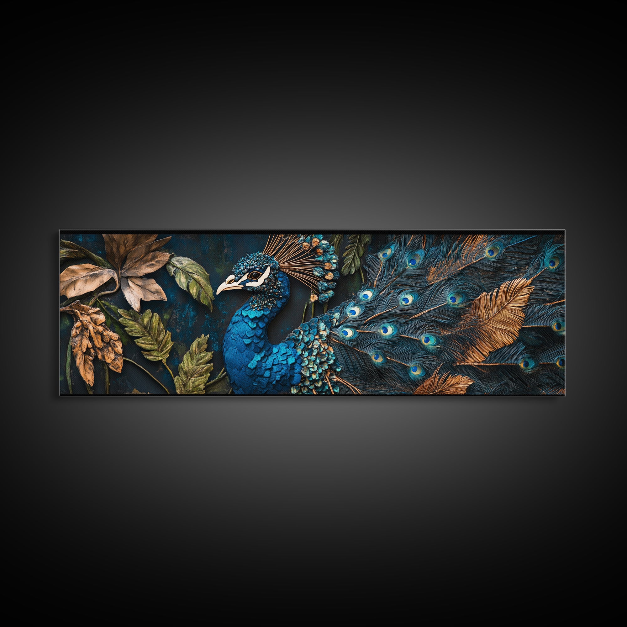 Blue Peacock Framed Canvas Print Chinoiserie Style Mosaic Wall Art Boho Rustic Decor Living Room Feature Art Print