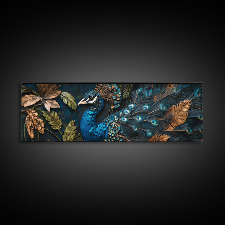 Blue Peacock Framed Canvas Print Chinoiserie Style Mosaic Wall Art Boho Rustic Decor Living Room Feature Art Print