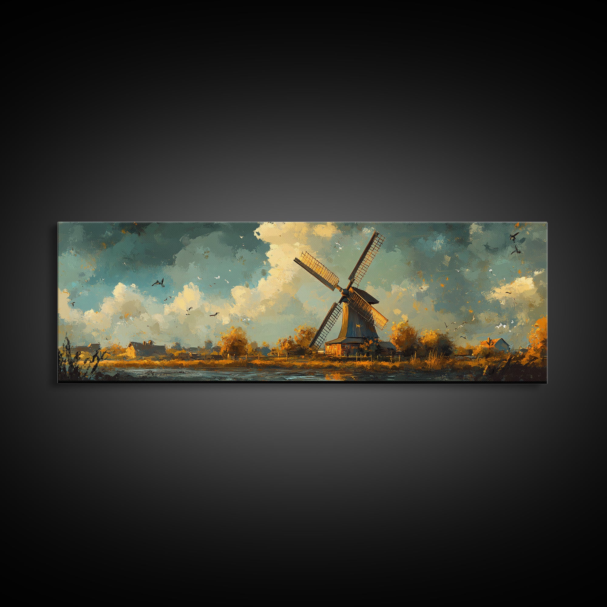 Autumn Windmill Scene Framed Canvas Print - Rustic Fall Farmhouse Art, Moody Living Room Wall Art, Horizontal Panoramic Decor Gift Idea