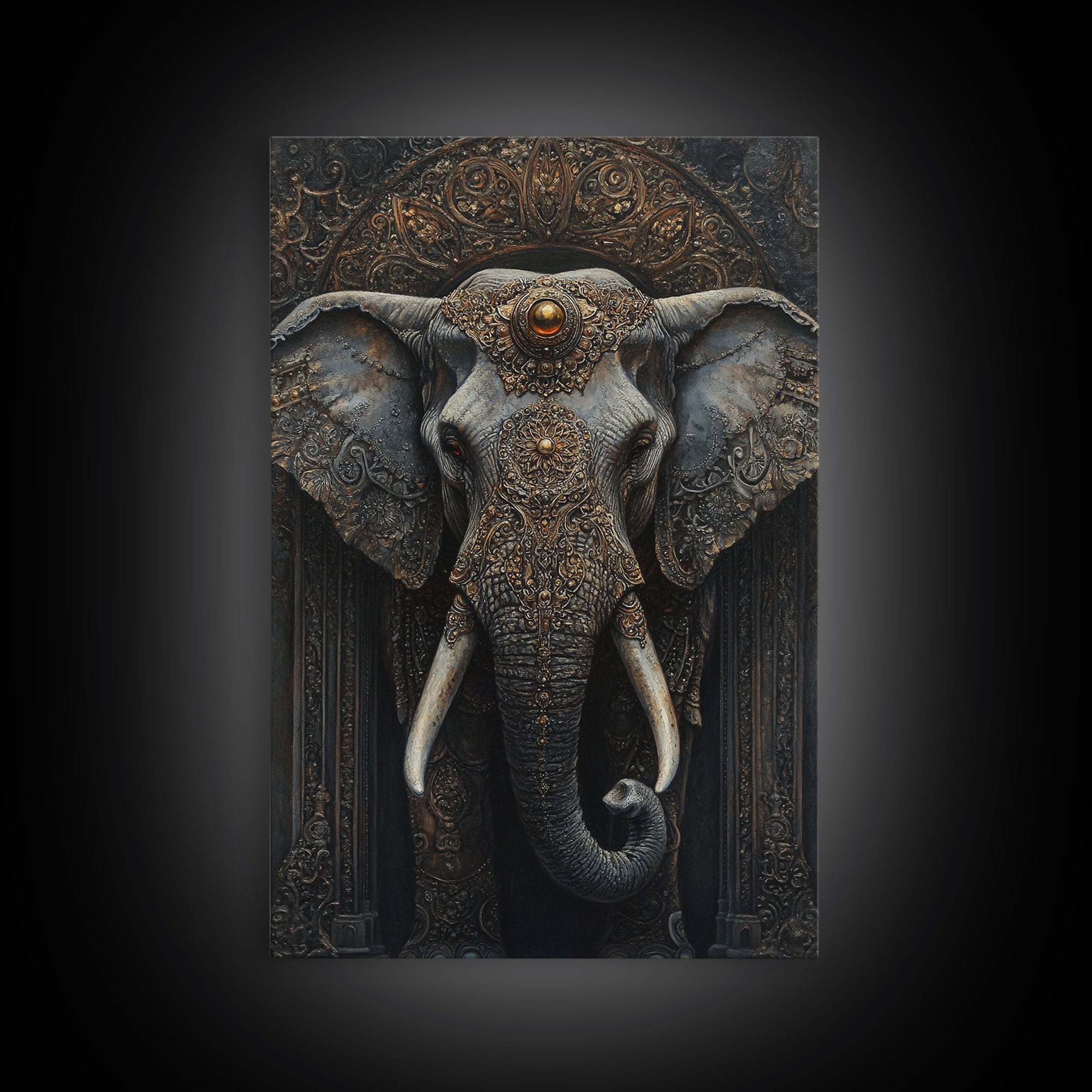 Ornate Elephant Kerala Mural Framed Canvas Print – Ganesh Wall Art, Sacred Geometry Art, Indian Inspired Decor Rustic Living Room Art