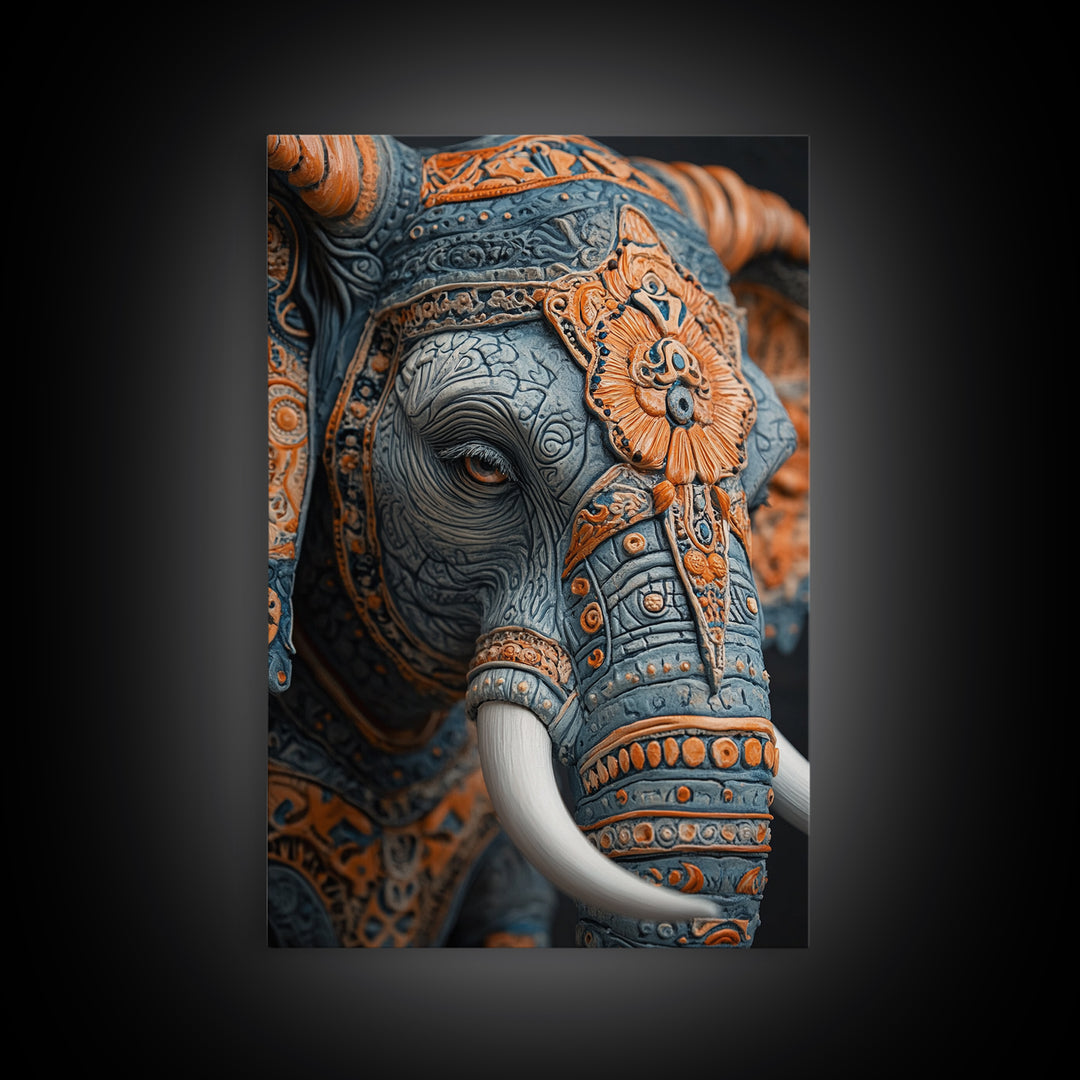 Detailed Elephant Face Framed Canvas Print – Kerala Mural Art, Sacred Geometry Decor, Ganesh Wall Art Rustic Boho Inspired Room Decor