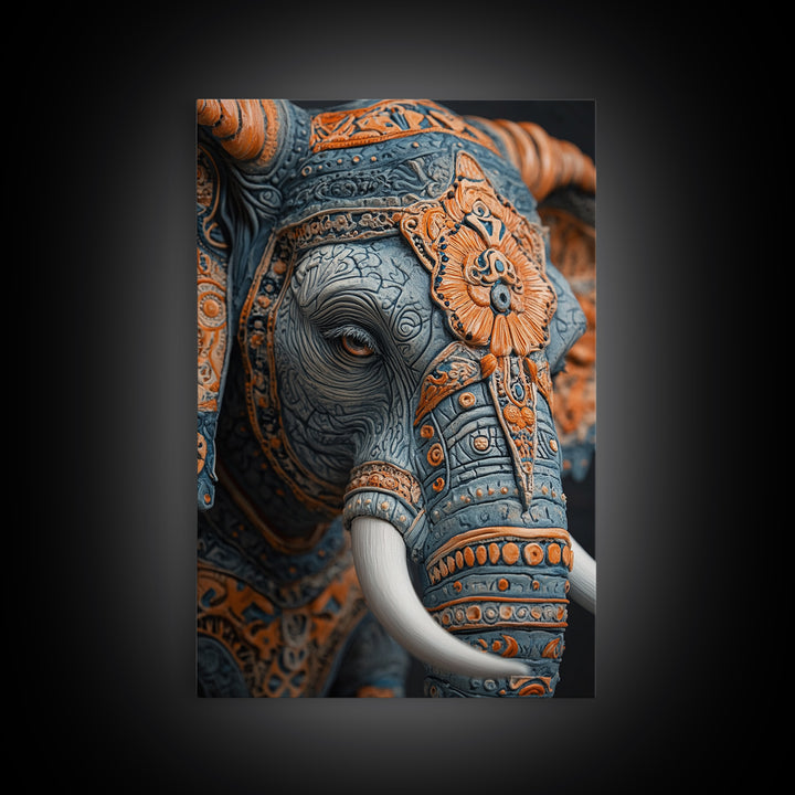 Detailed Elephant Face Framed Canvas Print – Kerala Mural Art, Sacred Geometry Decor, Ganesh Wall Art Rustic Boho Inspired Room Decor