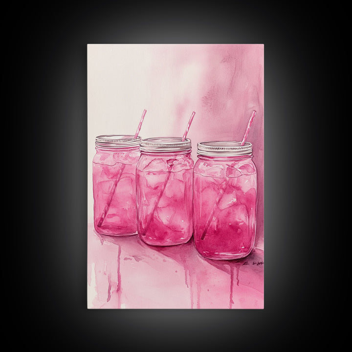 Pink Lemonade Jars Framed Canvas Print Food Review Kitchen Art Light Pink Wall Art Whimsical Art Rustic Decor Farmhouse Style