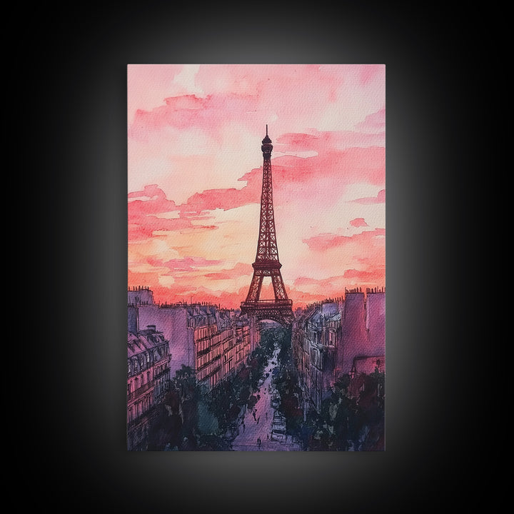 Eiffel Tower Sunset Framed Canvas Print Paris Landscape Painting French Cityscape Wall Art Bedroom Decor Romantic Gift Pink Orange Art