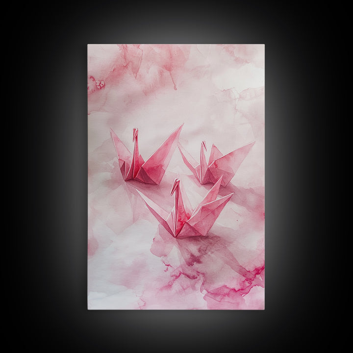 Origami Cranes Canvas Print, Pink Paper Bird Art, Minimalist Zen Decor, Whimsical Artwork Bedroom Wall Art, Japanese-Inspired Gift