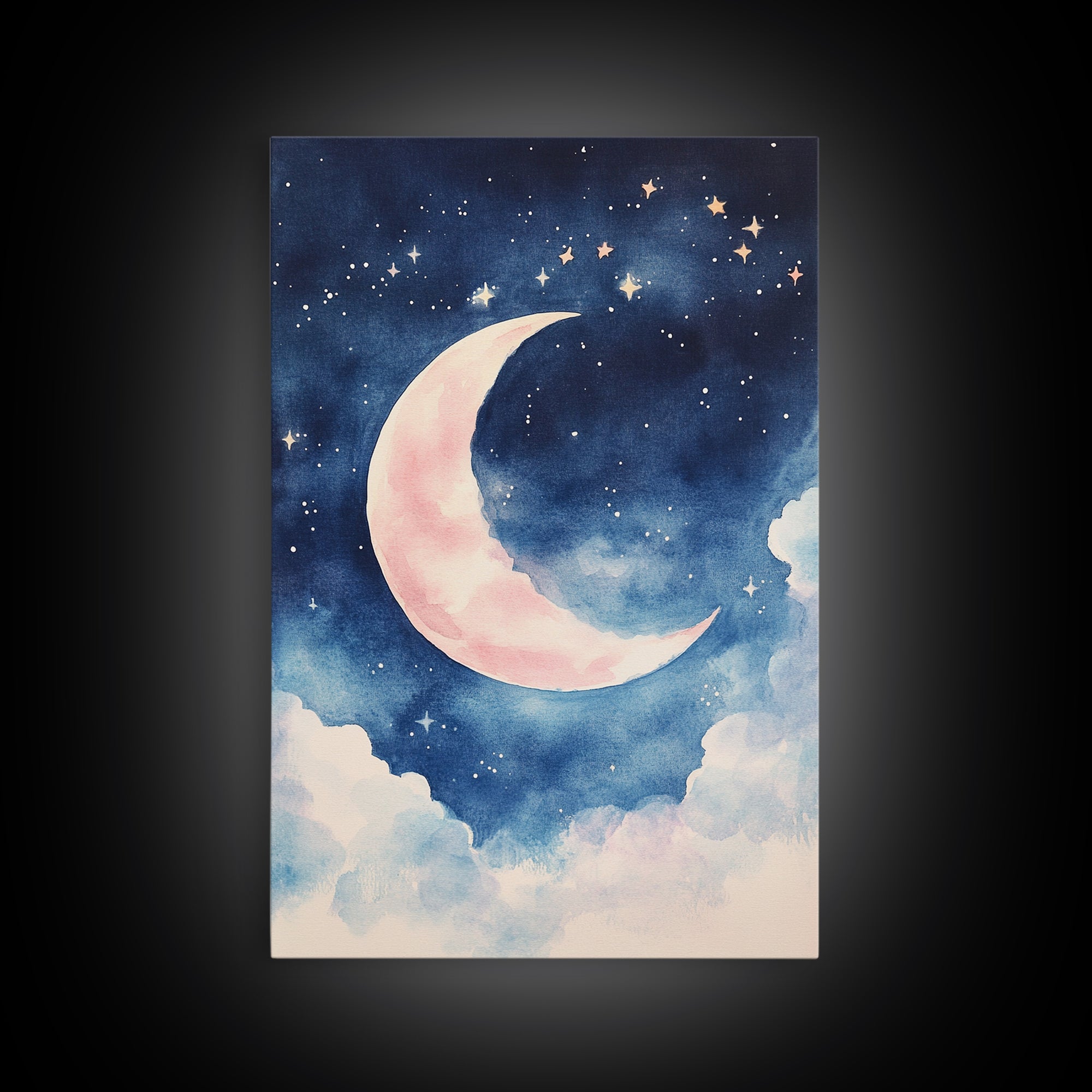 Crescent Moon Painting Canvas Print Bedroom Art Moody Night Sky Painting Above Bed Wall Art Whimsical Art Gift Idea Light Decor