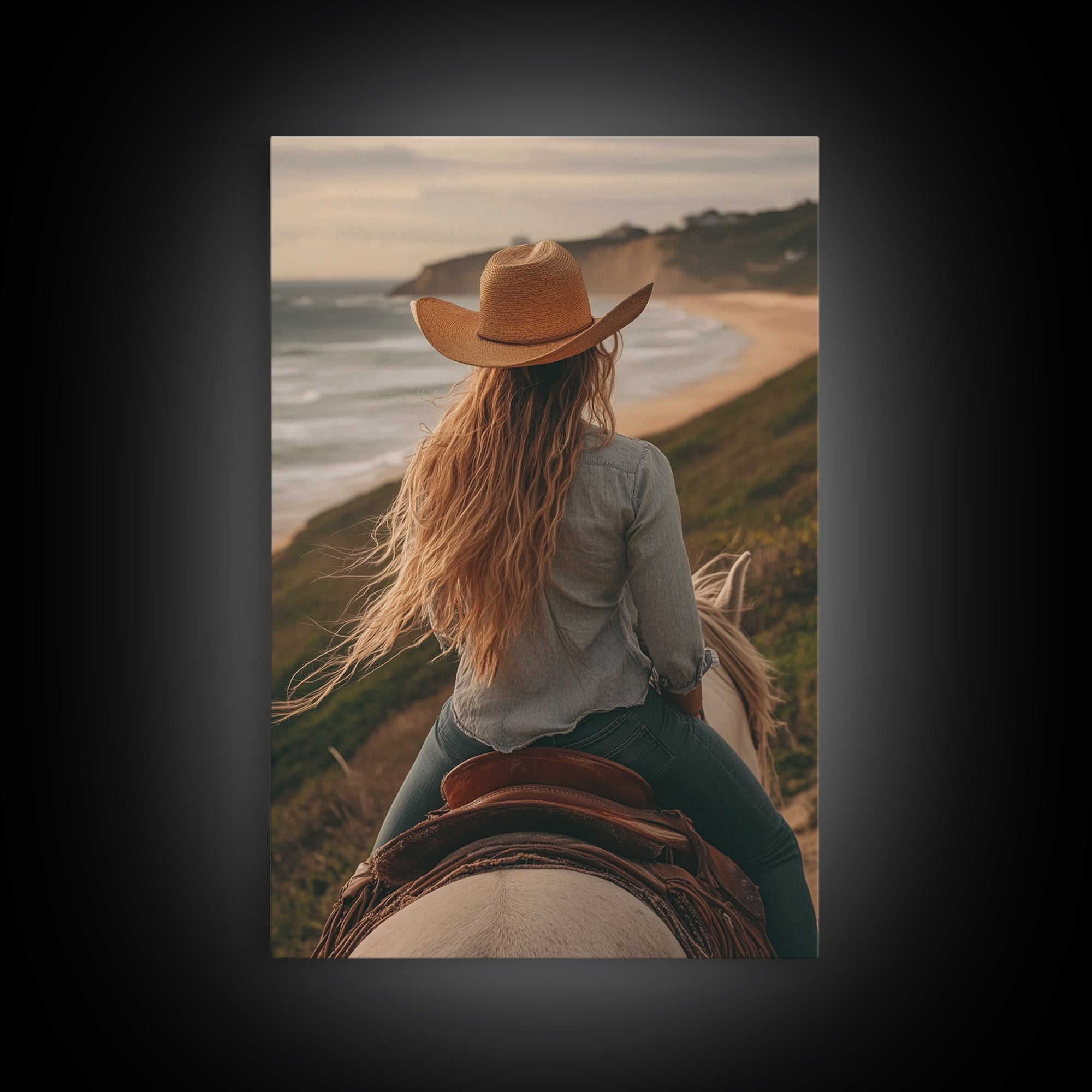 Coastal Cowgirl Riding Canvas Print Horse and Ocean Landscape Art Rustic Decor Western Inspired Framed Art Bedroom Living Room Gift