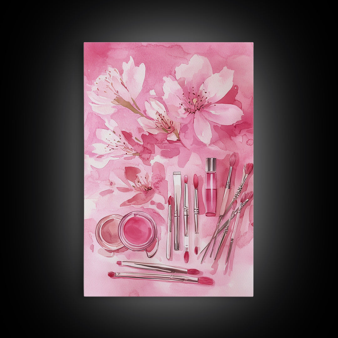 Cherry Blossom Canvas Print Featuring Makeup and Brush Theme Perfect Whimsical and Light Pink Wall Art Bedroom or Bathroom Decor