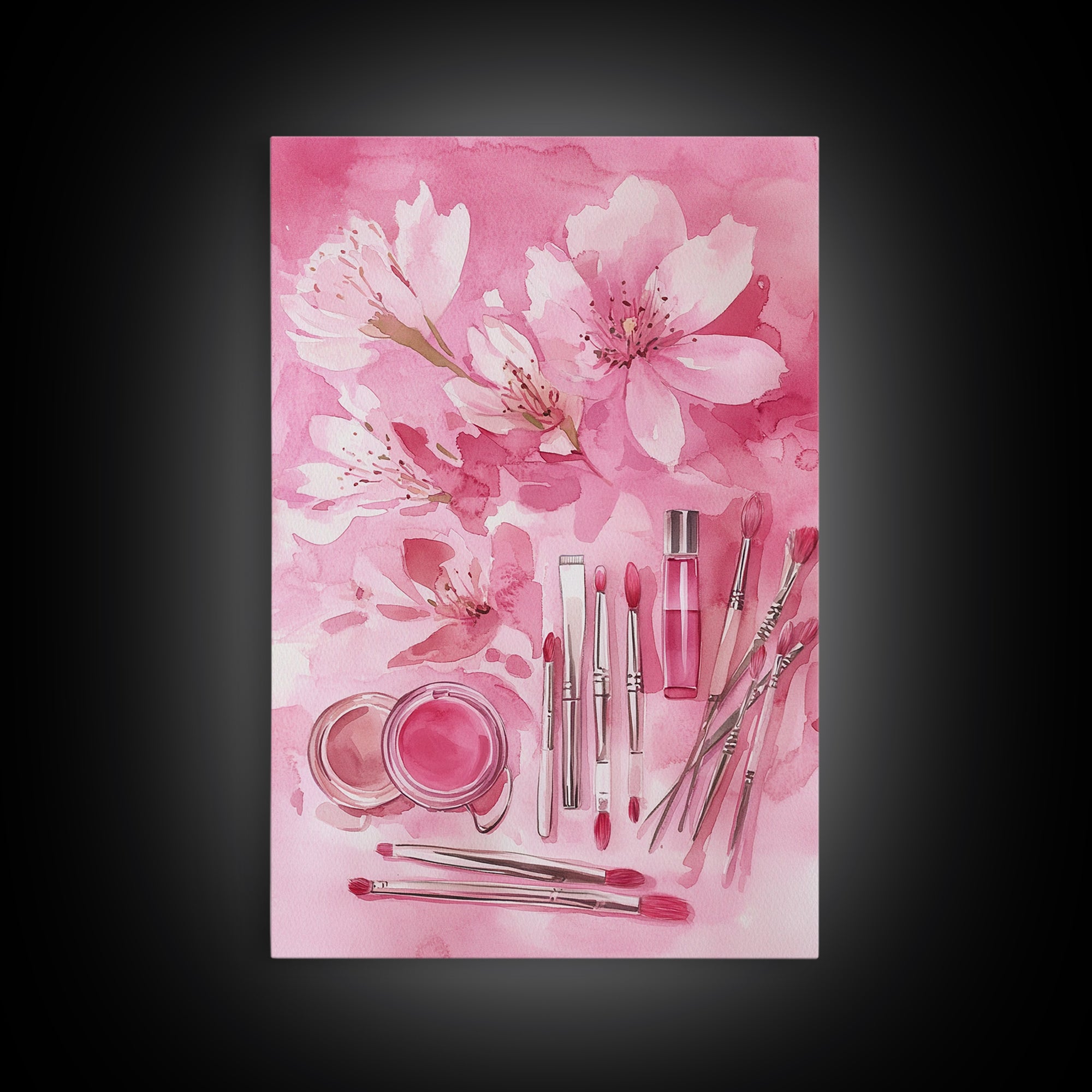 Cherry Blossom Canvas Print Featuring Makeup and Brush Theme Perfect Whimsical and Light Pink Wall Art Bedroom or Bathroom Decor