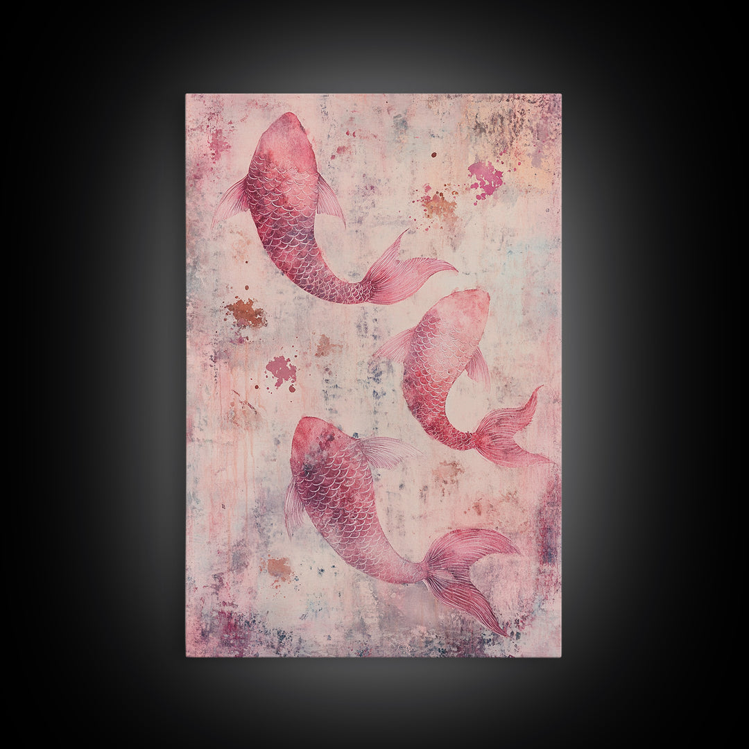 Artistic koi fish painting with framed canvas print, pink abstract art, light pink wall art, gift idea, moody art above bed decor