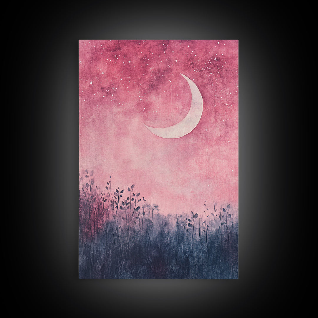 Crescent moon painting on framed canvas print, moody art, pink abstract art, cherry blossom painting, vertical wall art decor