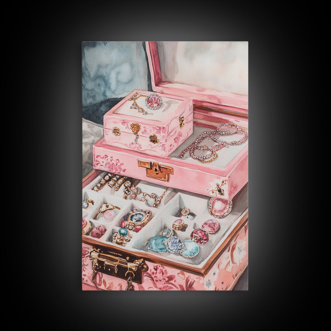 Romantic Jewelry Display Canvas Print Pink Wall Art Whimsical Decor Light Pink Dorm Art Bedroom Gift Idea Coastal Cowgirl Art