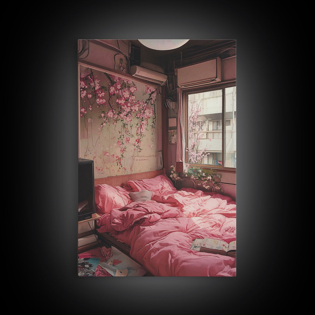 Cherry Blossom Dream Framed Canvas Print Light Pink Japanese Inspired Bedroom Art Cozy Home Floral Wall Decor Feminine Artwork Gift