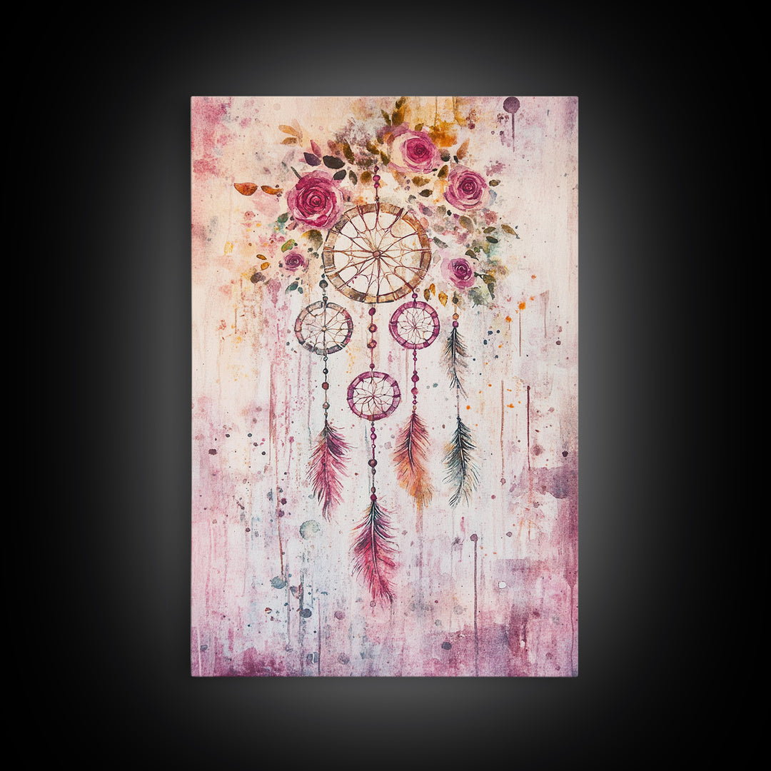 Dreamcatcher with Roses Framed Canvas Print Boho Bedroom Art Botanical Prints Pink Wall Art Light Pink Home Decor Wildflower Painting