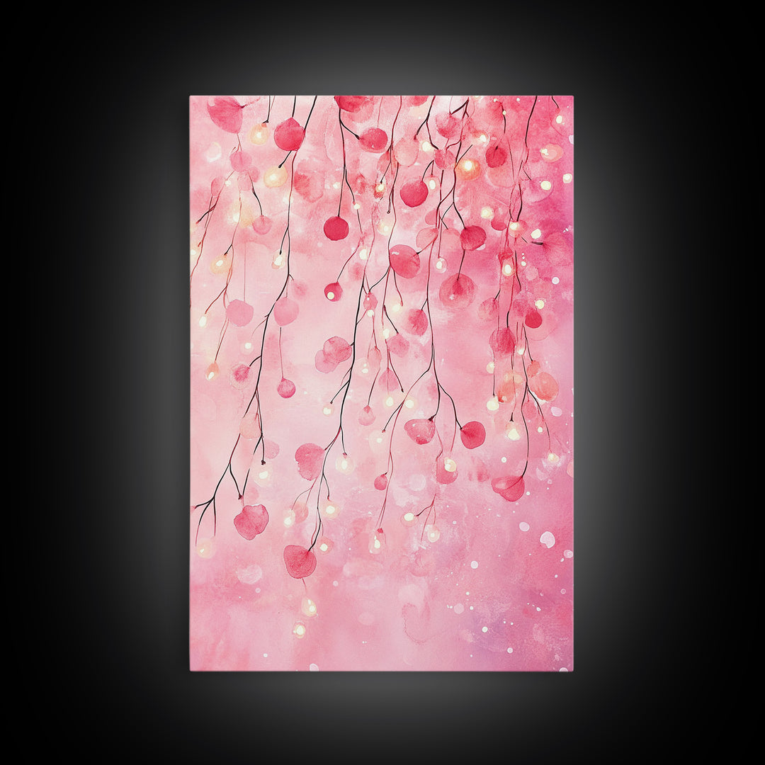 Cherry Blossom Lights Canvas Print Romantic Bedroom Art Cherry Wall Art Light Pink Wall Art Living Room Art Boho Home Decor