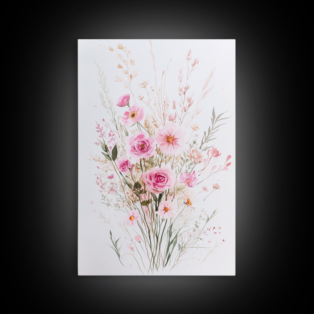 Elegant Pink Bouquet Framed Canvas Print Featuring Wildflower Painting Light Pink Wall Art Cottagecore Aesthetic Farmhouse Artwork