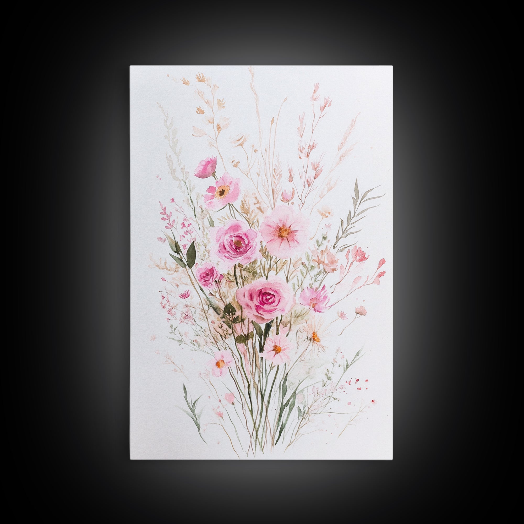 Elegant Pink Bouquet Framed Canvas Print Featuring Wildflower Painting Light Pink Wall Art Cottagecore Aesthetic Farmhouse Artwork