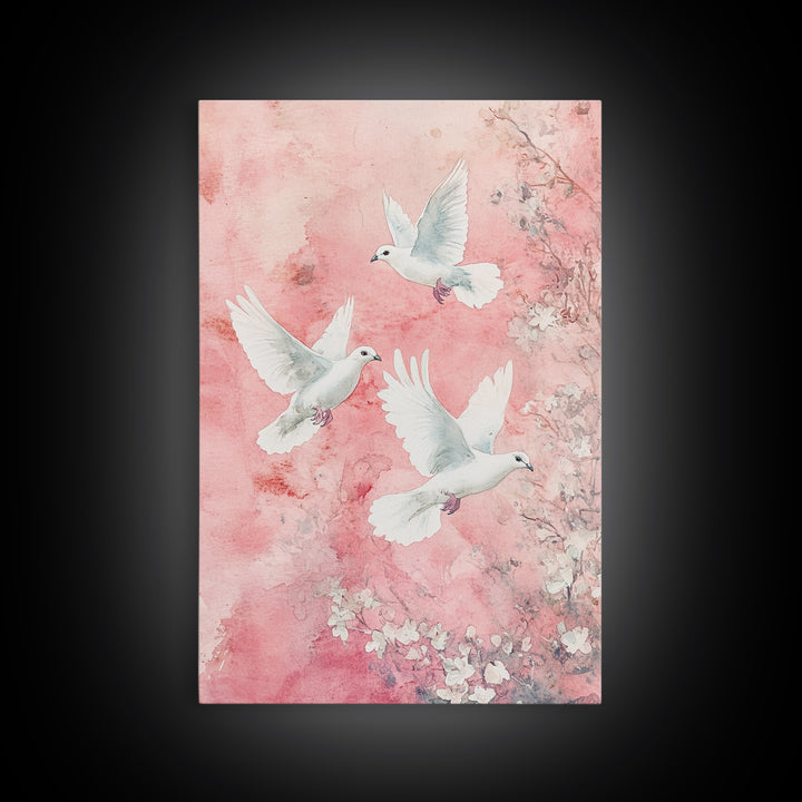 Cherry Blossom Art with Peaceful Doves Framed Canvas Print, Angelic Bird Art Pink Decor, Whimsical Bedroom or Living Room Gift