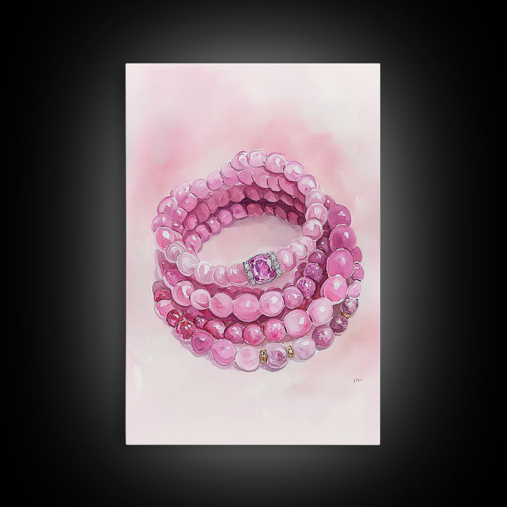 Pink Gemstone Bracelet Painting Framed Canvas Print, Whimsical Jewelry Art Light Pink Decor, Feminine Bedroom or Gift Aesthetic
