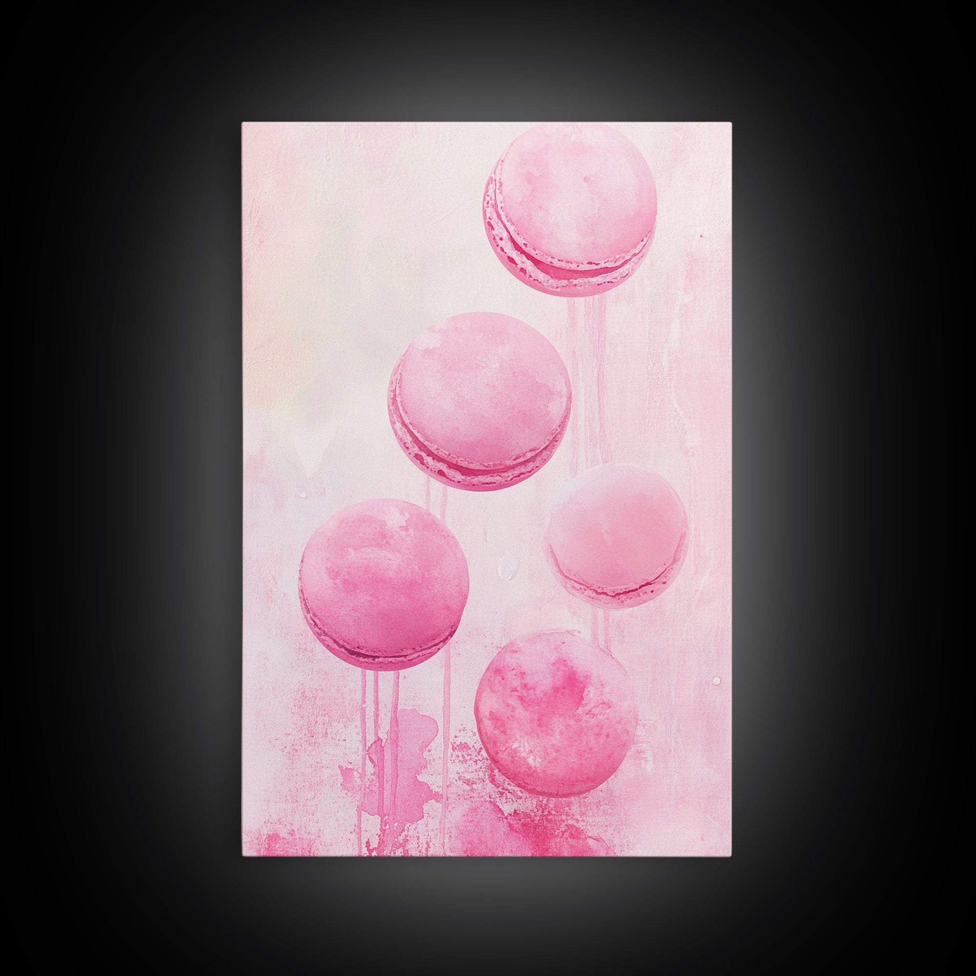 Cute pink macarons whimsical kitchen framed canvas print food review dessert art playful pastel decor cozy gift idea fun wall art