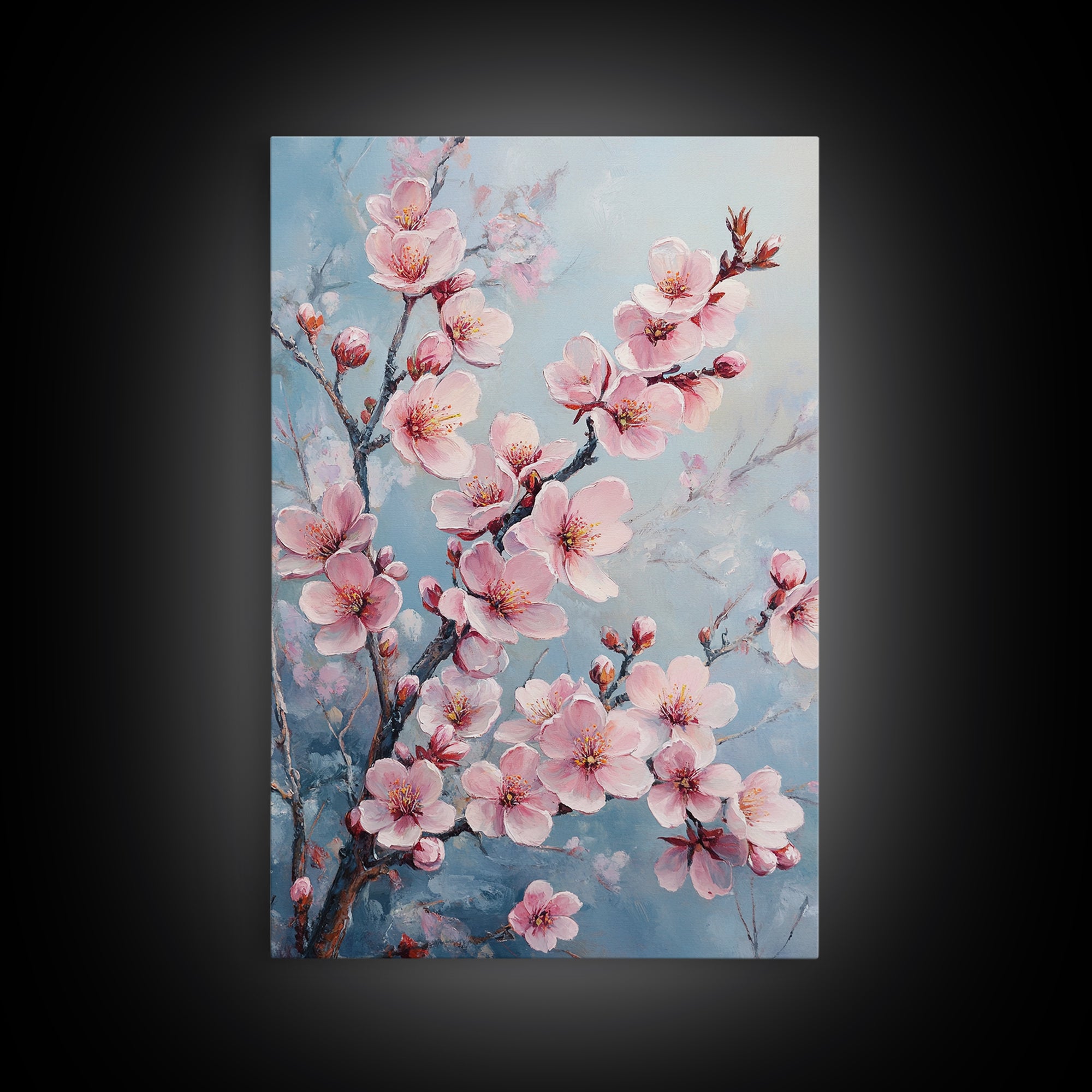 Cherry Blossom Painting Framed Canvas Print | Japanese Sakura Wall Art | Light Pink Wall Art Above Sofa Decor | Floral Nature Print