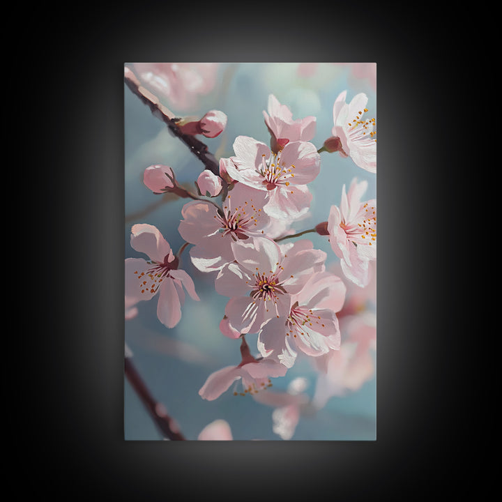 Japanese Sakura Canvas Print | Cherry Blossom Painting Art | Pastel Blue Floral Wall Art Gift Idea | Light Pink Bedroom Art