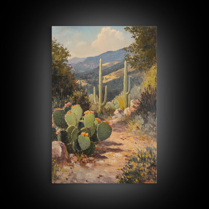 Cactus Bloom Framed Canvas Print Rustic Wall Art Living Room Decor Farmhouse Wall Art Original Painting Gift Idea Landscape Art