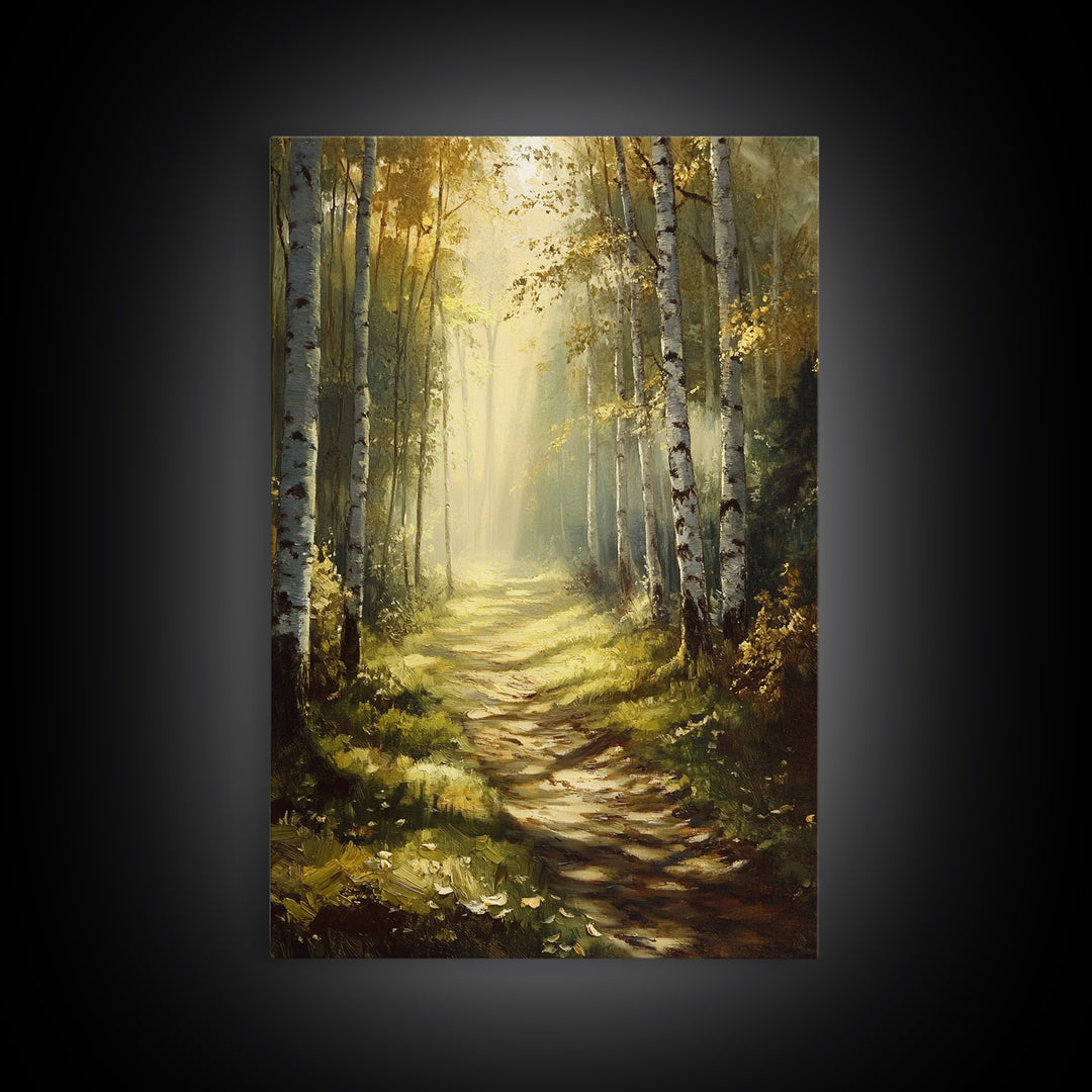 Birch Forest Path Framed Canvas Print Rustic Wall Art Farmhouse Wall Art Nature Landscape Art Above Bed Wall Art Fall Decor Living Room Art