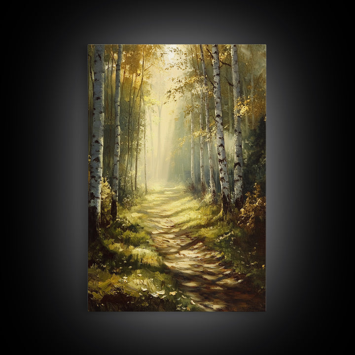 Birch Forest Path Framed Canvas Print Rustic Wall Art Farmhouse Wall Art Nature Landscape Art Above Bed Wall Art Fall Decor Living Room Art