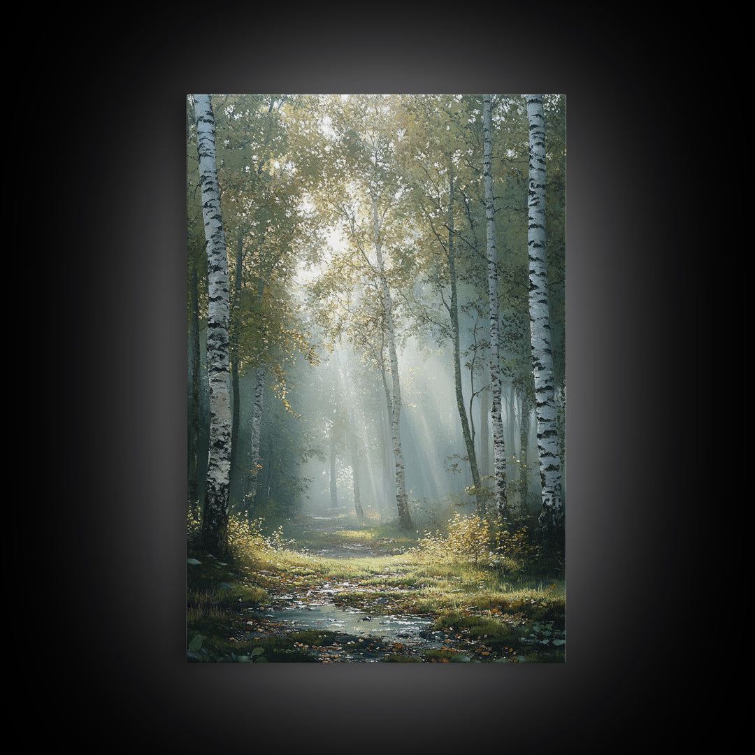 Birch Tree Painting Framed Canvas Print Rustic Wall Art Nature Landscape Gift Living Room Decor Tall Vertical Art for Home