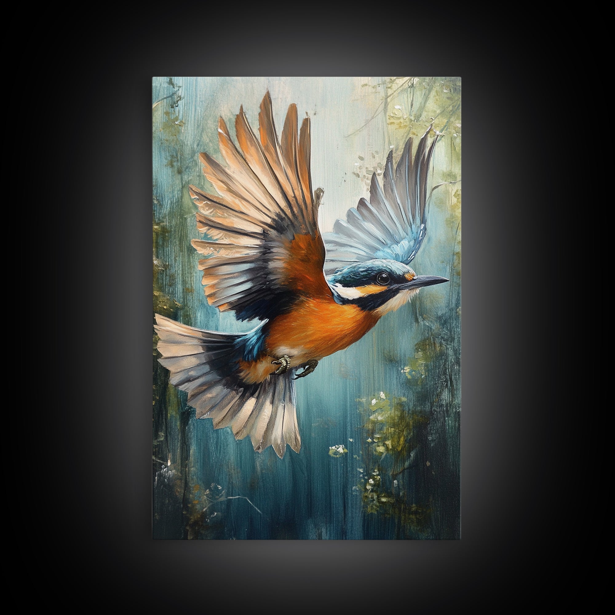 Blue Kingfisher Bird Canvas Print | Vibrant Nature Painting Wall Art | Wildlife Rustic Art Above Sofa | Whimsical Bird Original Artwork