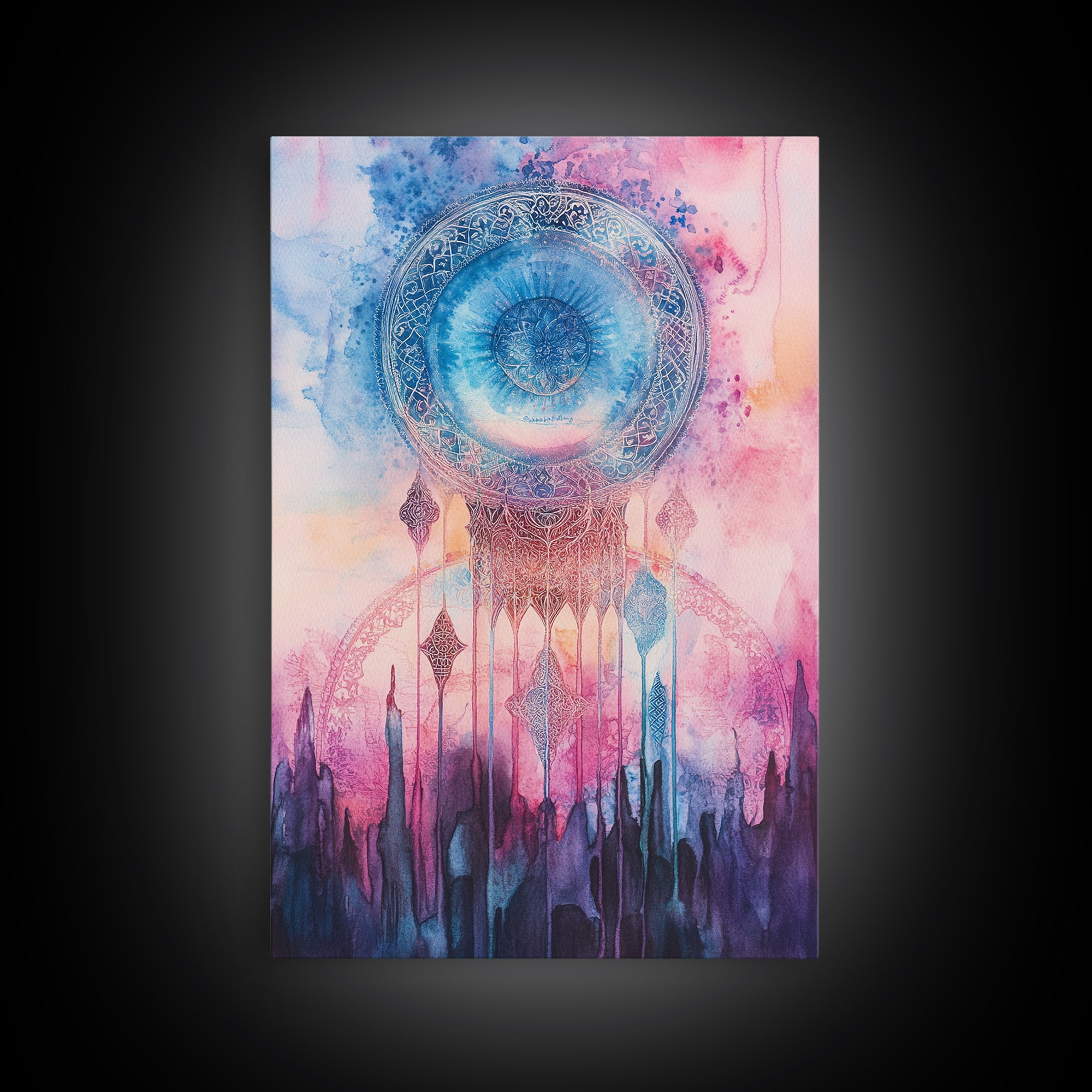 Mystic Sacred Geometry Framed Canvas Print with Bahai Art Elements and Vibrant Pink Blue Abstract, Boho Home Wall Decor