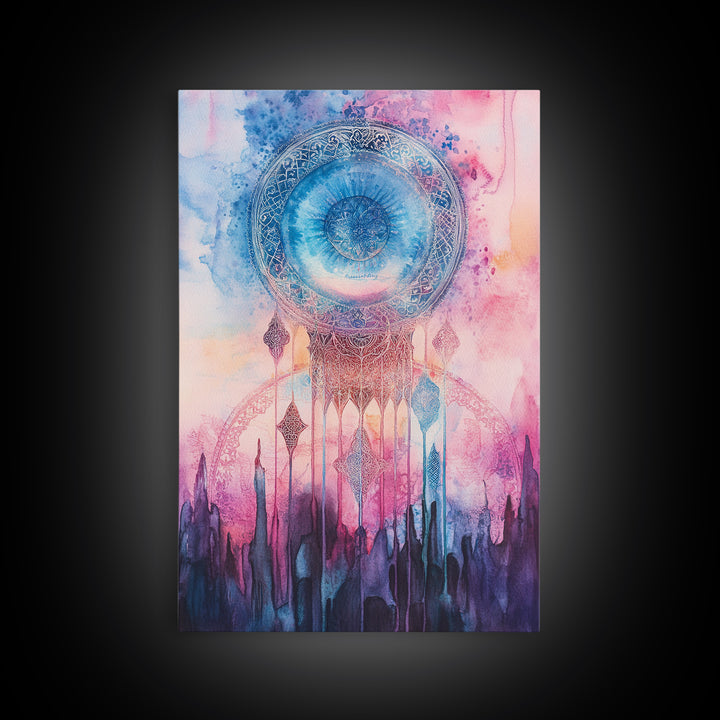 Mystic Sacred Geometry Framed Canvas Print with Bahai Art Elements and Vibrant Pink Blue Abstract, Boho Home Wall Decor