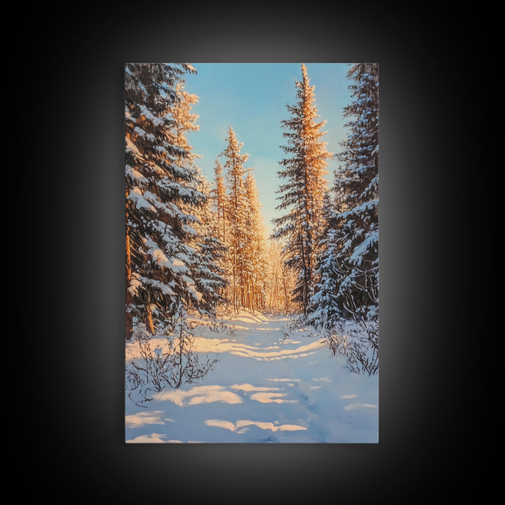 Winter Wonderland Framed Canvas Print, Snowy Forest Landscape Painting with Pine Tree Art, Cozy Rustic Wall Decor