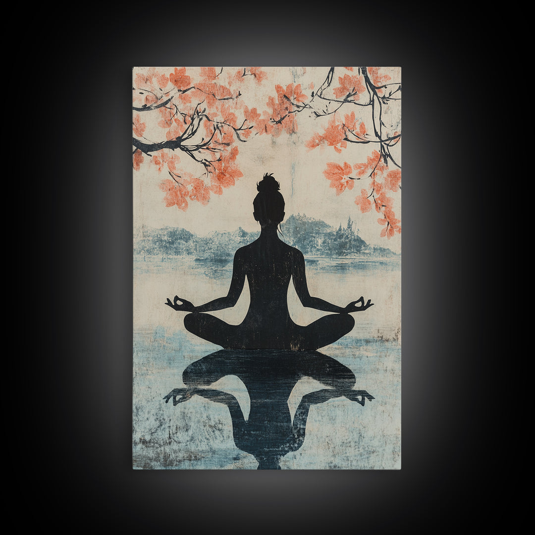 Cherry Blossom Canvas Print Featuring Zen Silhouette, Oriental Inspired Wabi Sabi Art, Minimalist Yoga Wall Art for Tranquility