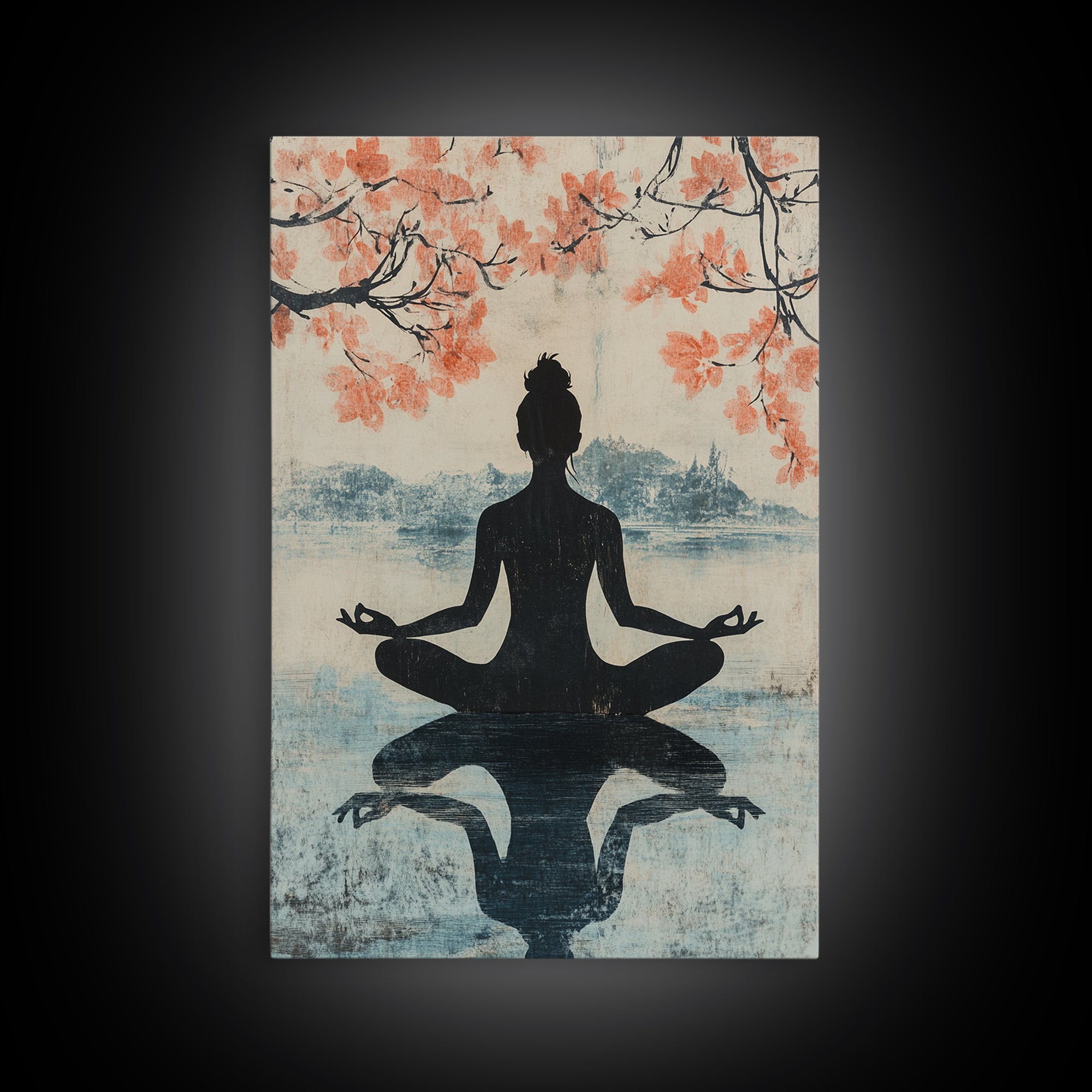 Cherry Blossom Canvas Print Featuring Zen Silhouette, Oriental Inspired Wabi Sabi Art, Minimalist Yoga Wall Art for Tranquility