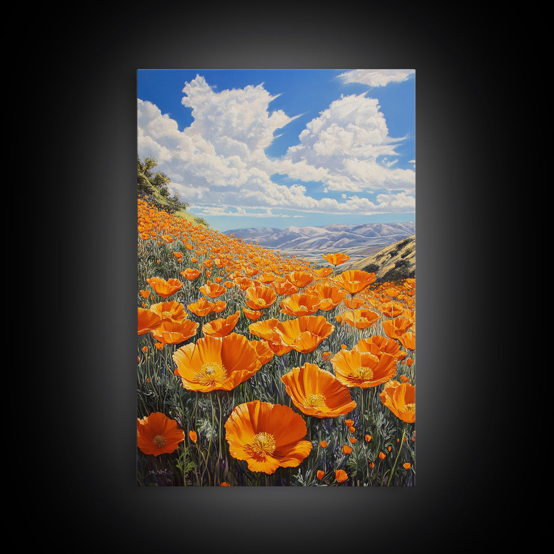 California Poppy Canvas Print with Vibrant Wildflower Painting, Rustic Living Room Art, Nature Landscape for Farmhouse Wall Decor