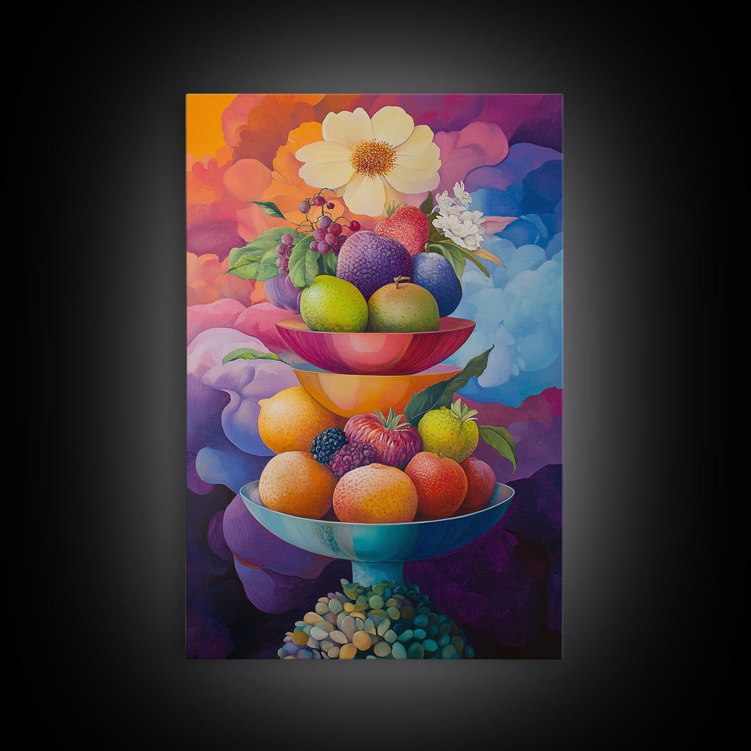 Colorful Fruit Bowl Canvas Print Featuring Still Life Painting, Whimsical Kitchen Art, Vibrant Food Review Wall Art for Dining Spaces