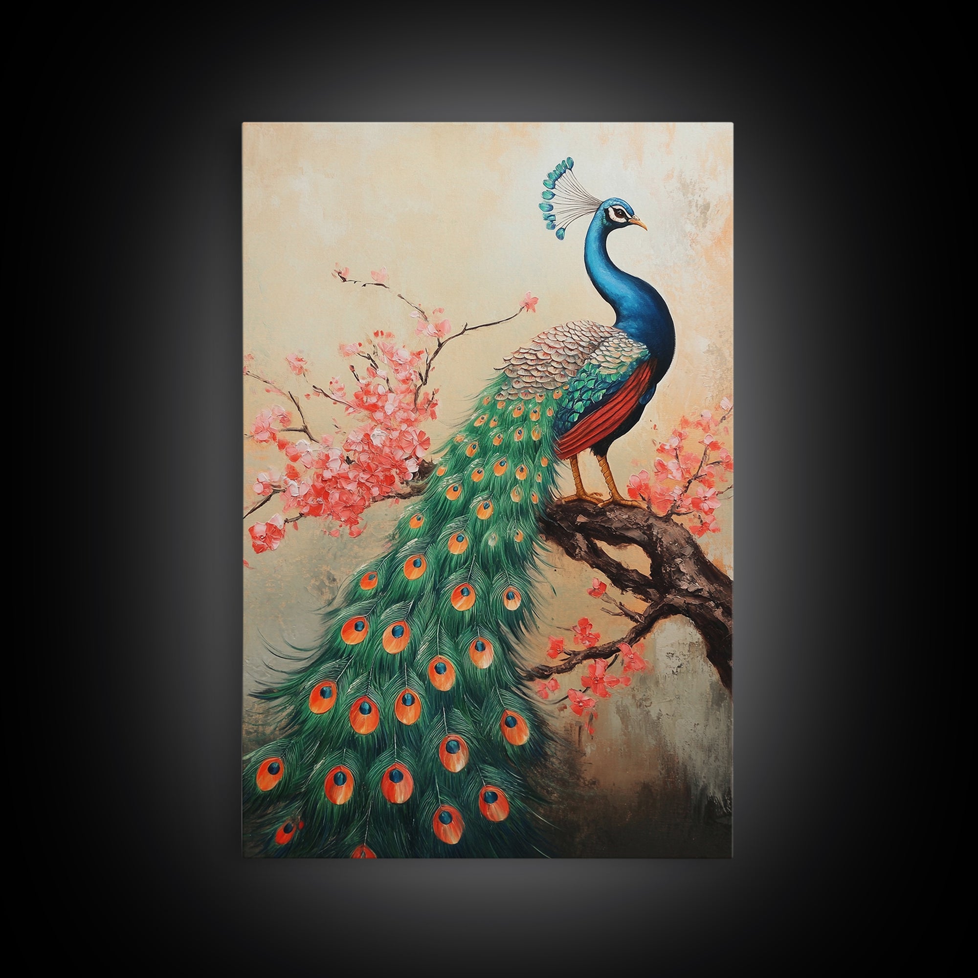 Peacock Canvas Print with Cherry Blossom Painting, Vibrant Oriental Art, Rustic Chinoiserie Wall Decor, Bold Statement Piece for Living Room