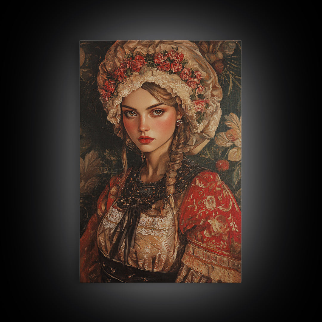 Vintage Folk Art Framed Canvas Print Featuring European Woman in Garden with Rustic Boho Aesthetic, Perfect Gift Idea for Her