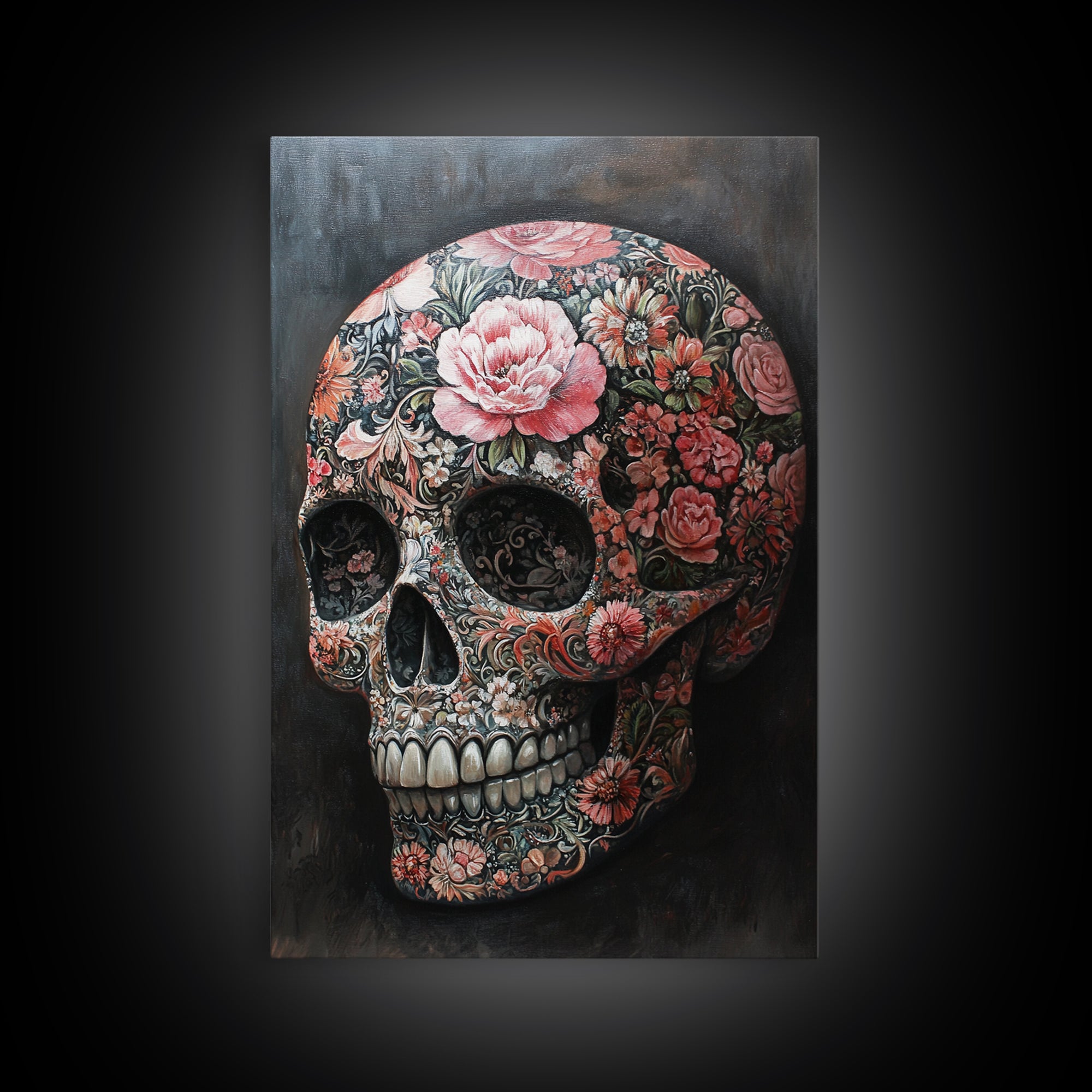 Skull Art Framed Canvas Print with Intricate Floral Patterns in Gothic Boho Style, Chinoiserie-Inspired Rustic Bedroom or Living Room Art