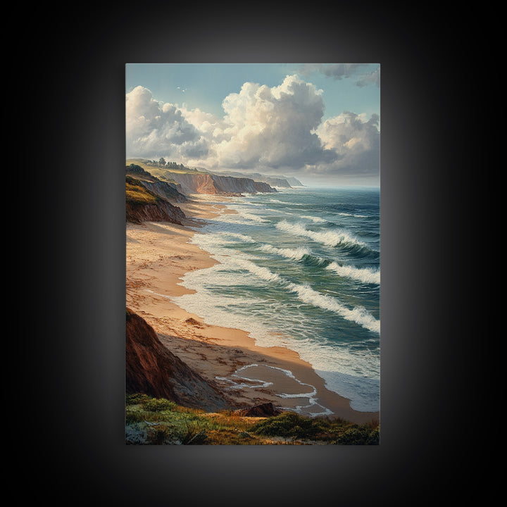 Coastal Seascape Framed Canvas Print Ocean Landscape Painting Cliffside Waves Art Nautical Coastal Decor Above Sofa Rustic Living Room Art