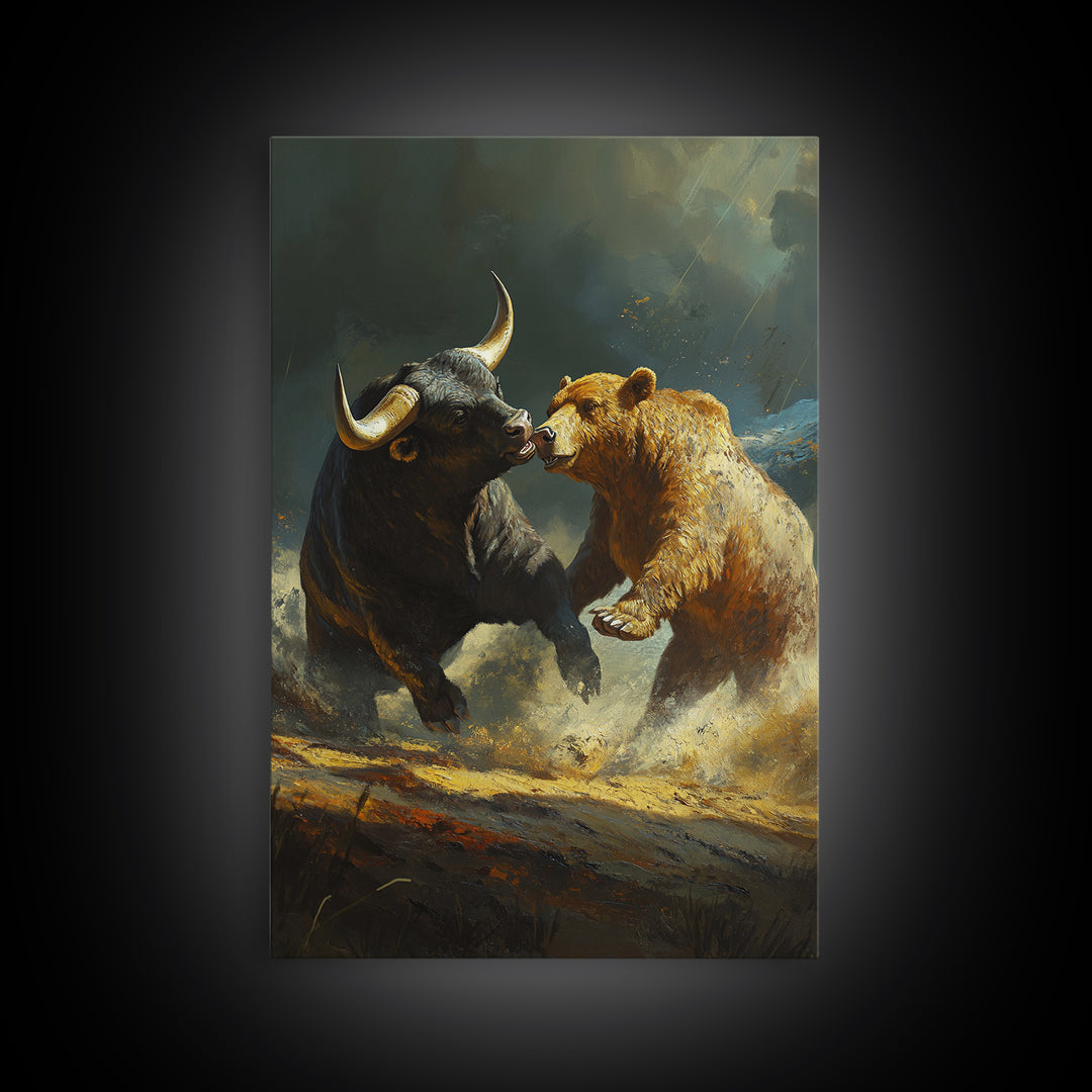 Bull and Bear Clash Framed Canvas Print Rustic Wall Art Gift Idea Financial Decor Wild Animals Artwork Moody Wall Art Rustic Living Room Decor