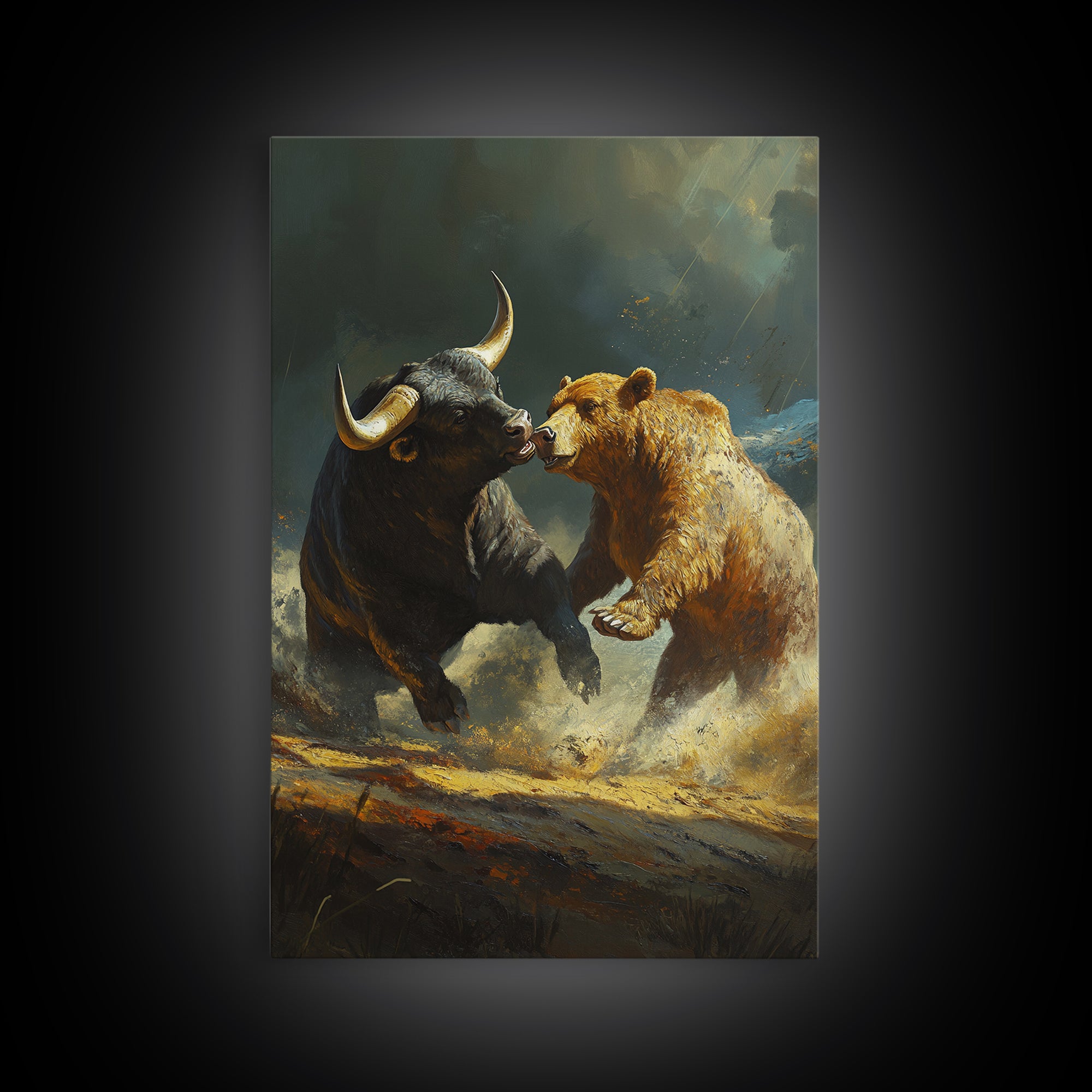 Bull and Bear Clash Framed Canvas Print Rustic Wall Art Gift Idea Financial Decor Wild Animals Artwork Moody Wall Art Rustic Living Room Decor