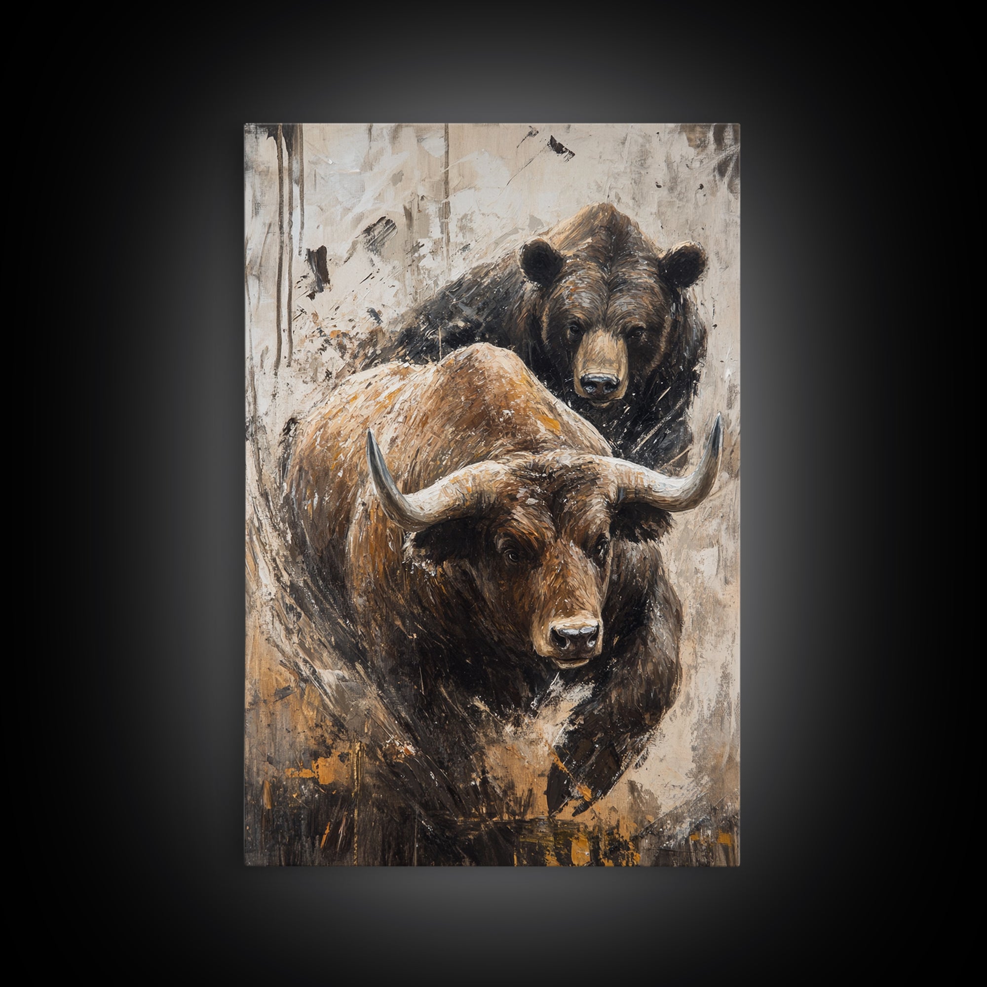 Bull and Bear Dynamic Framed Canvas Print Rustic Wall Art Financial Market Theme Gift Idea Living Room Decor Unique Animal Artwork Rustic Art