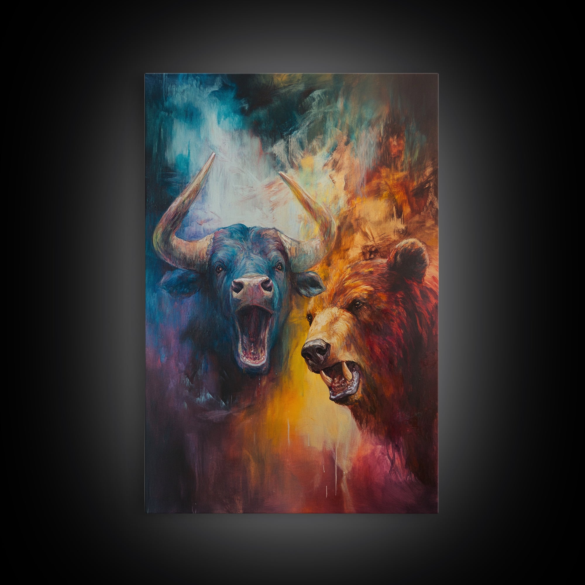 Bull and Bear Duel Framed Canvas Print Vibrant Moody Art Rustic Wall Art Unique Gift Idea Living Room Decor Animal Art Financial Market Theme