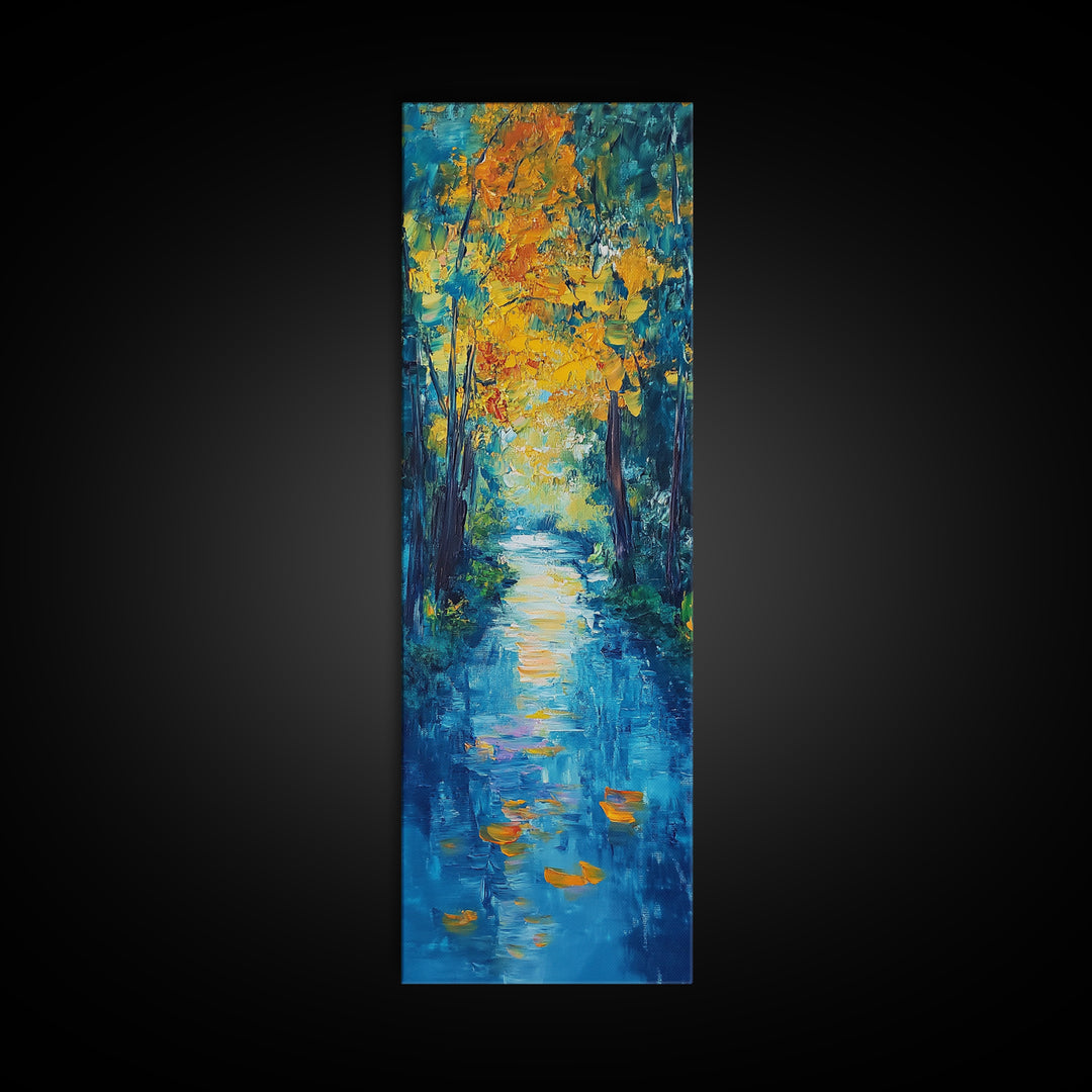 Autumn Reflection, fall painting, birch tree art, mountain painting, rustic wall art, panoramic art, Framed Canvas Print