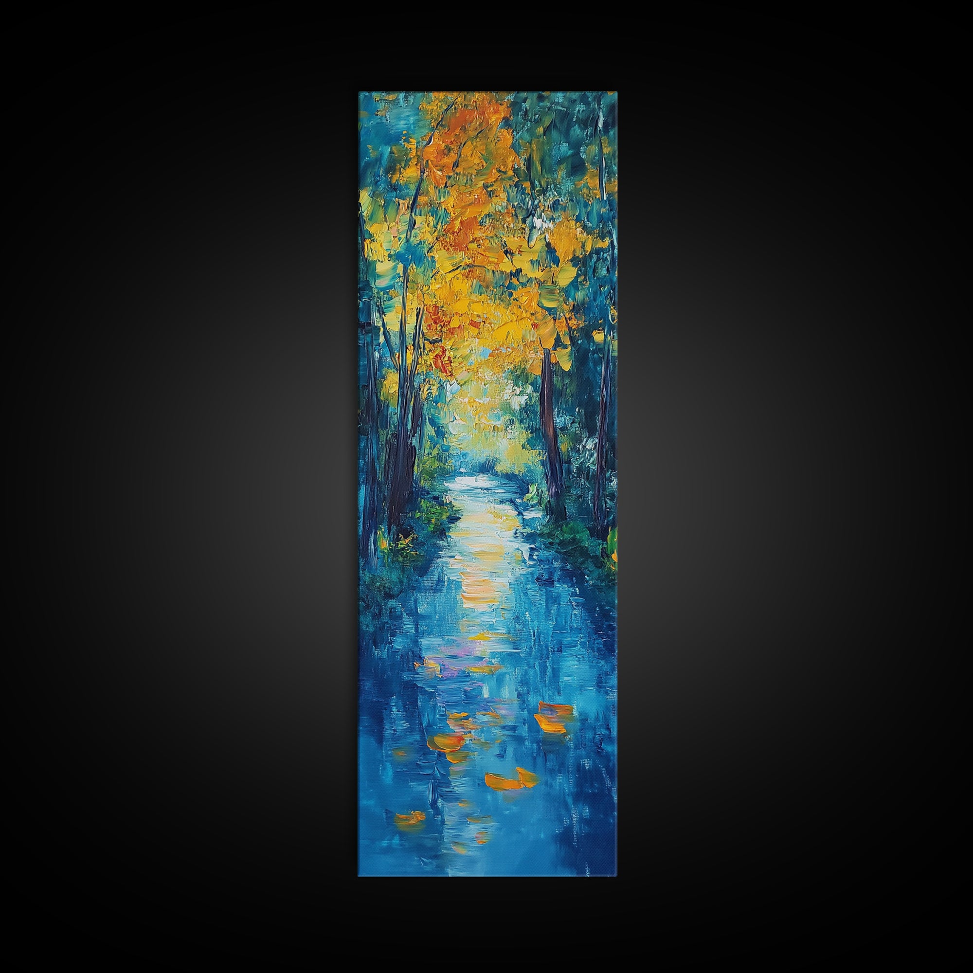 Autumn Reflection, fall painting, birch tree art, mountain painting, rustic wall art, panoramic art, Framed Canvas Print